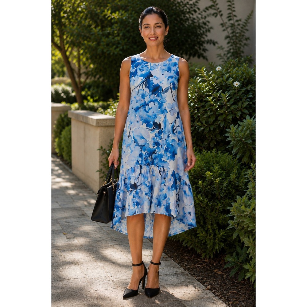 Bryn Walker XXS Blue Floral Sleeveless High Low Ruffle Hem Midi Dress Boho